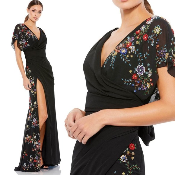 Mac Duggal Dresses & Skirts - NWT‎ Mac Duggal Black Faux Wrap Multi Colored Beaded Floral Gown $798 - Size 2